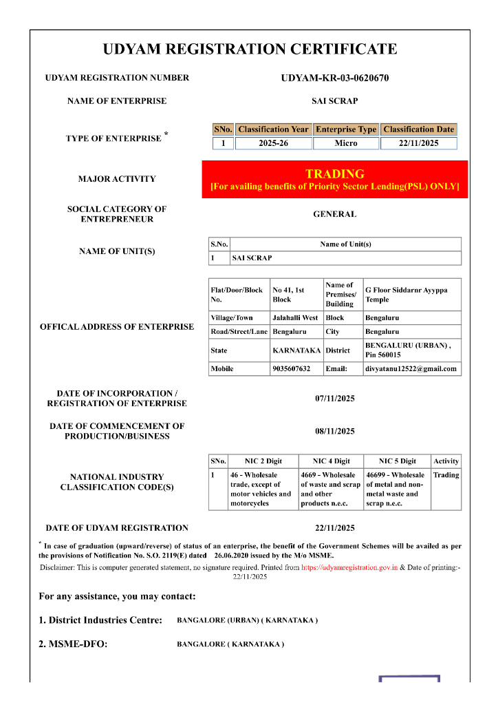 Udyam Registration Certificate Page 1